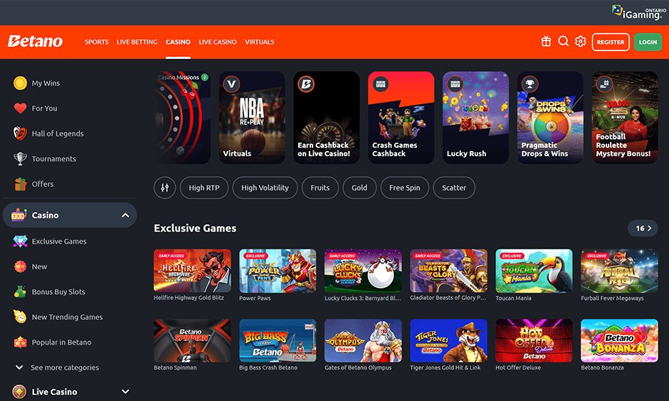 betano casino ontario games screenshot