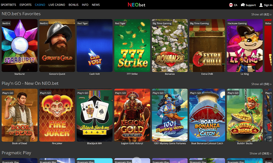 neobet casino ontario games screenshot