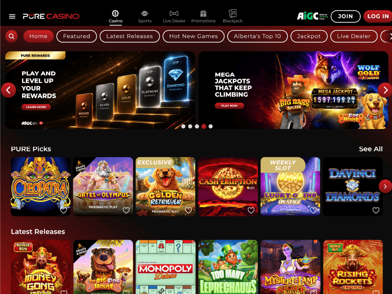 Pure Casino Alberta website