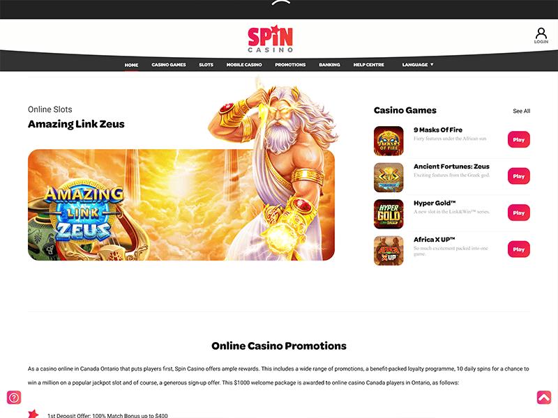 Spin Casino Alberta website