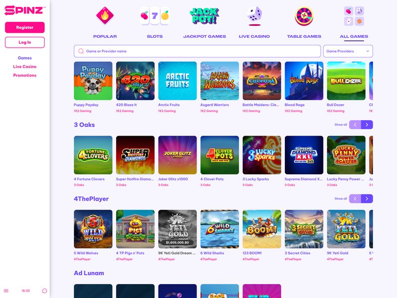 Spinz Casino Alberta games