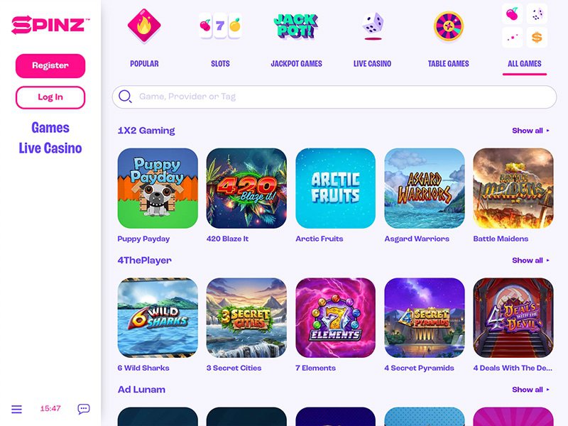 Spinz Casino Alberta games