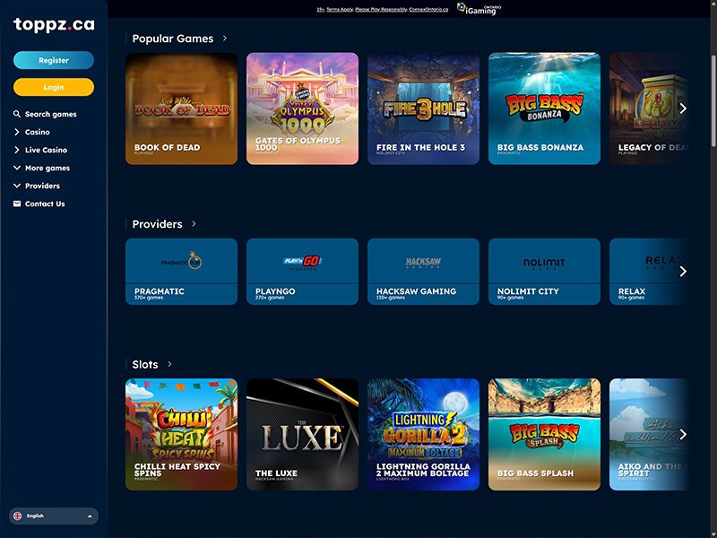 Toppz Casino website