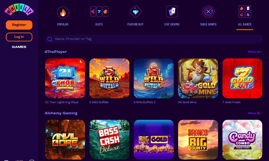 wheelz casino ontario games screenshot