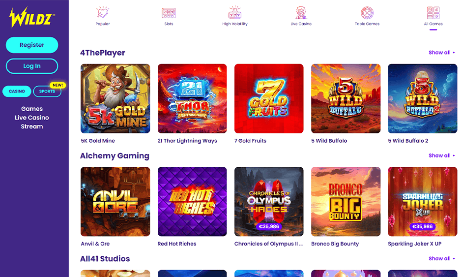 wildz casino ontario games screenshot